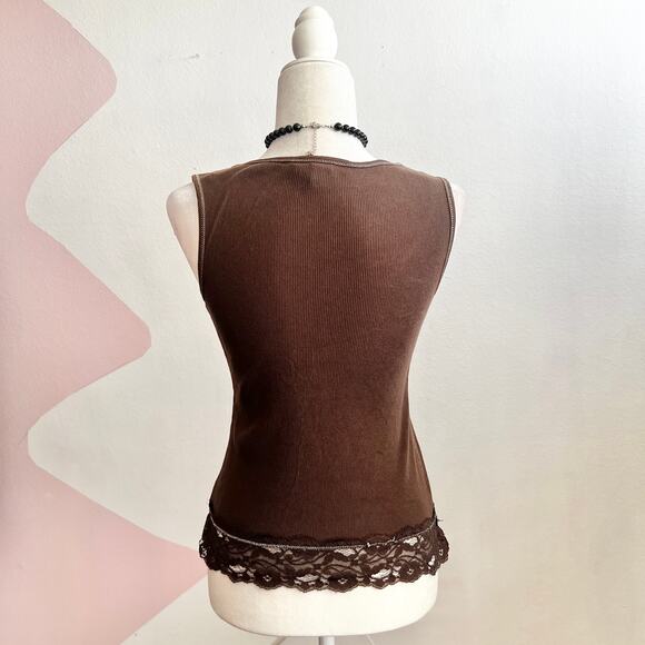 Vintage Y2K Brown Lace Trim Tank Top Women’s Small 2000s Cami Fairy Grunge - Picture 2 of 8